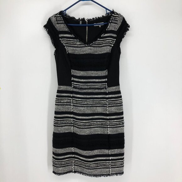 Rebecca Taylor Black White Tweed stripe leather cap sleeve Midi flare Dress 6 - Picture 11 of 13